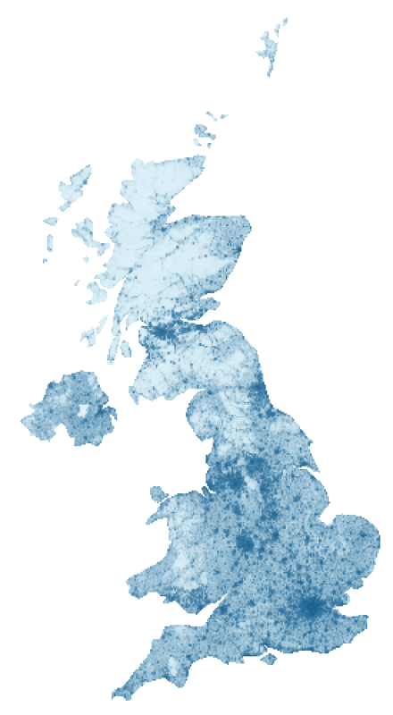 WorldPop 2020 population density across the UK